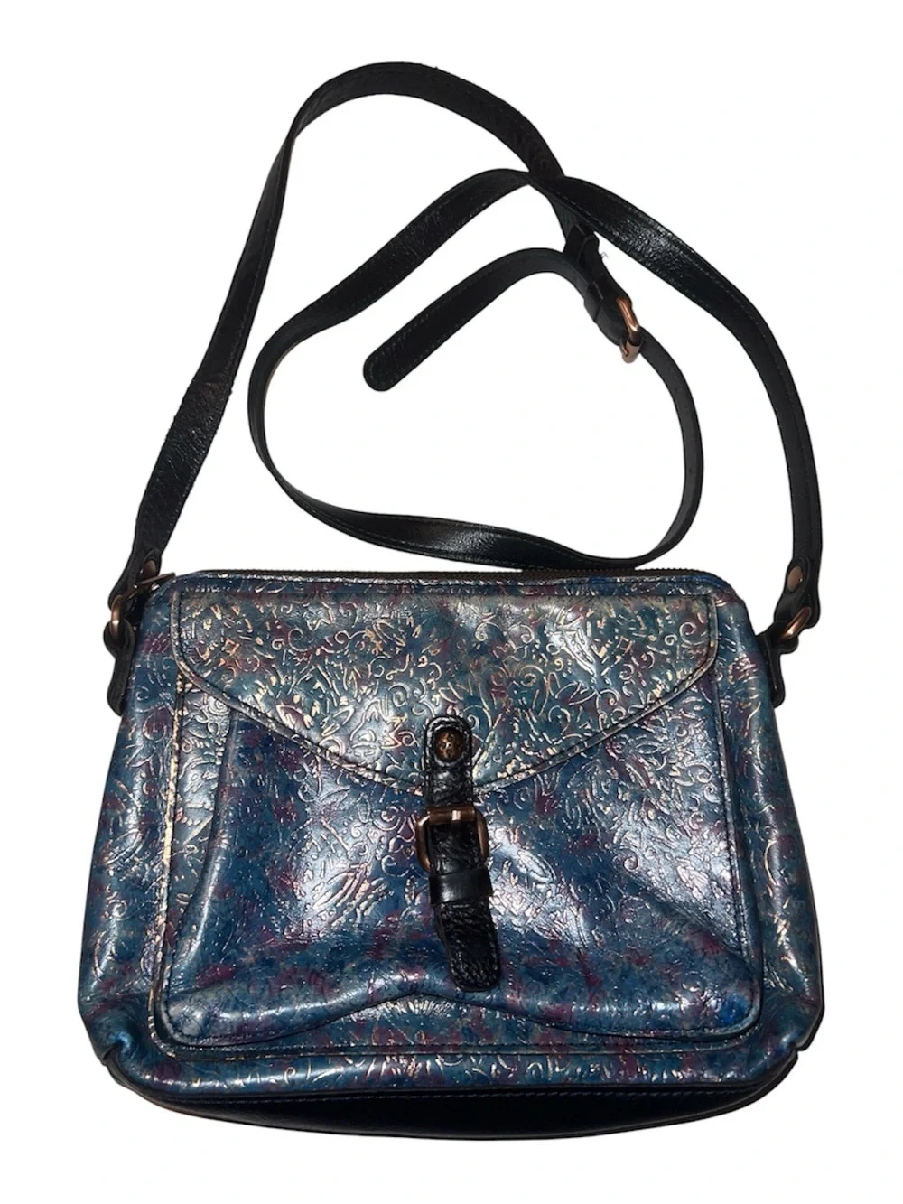 Patricia Nash Blue Metallic Embossed Crossbody Bag with Black Strap